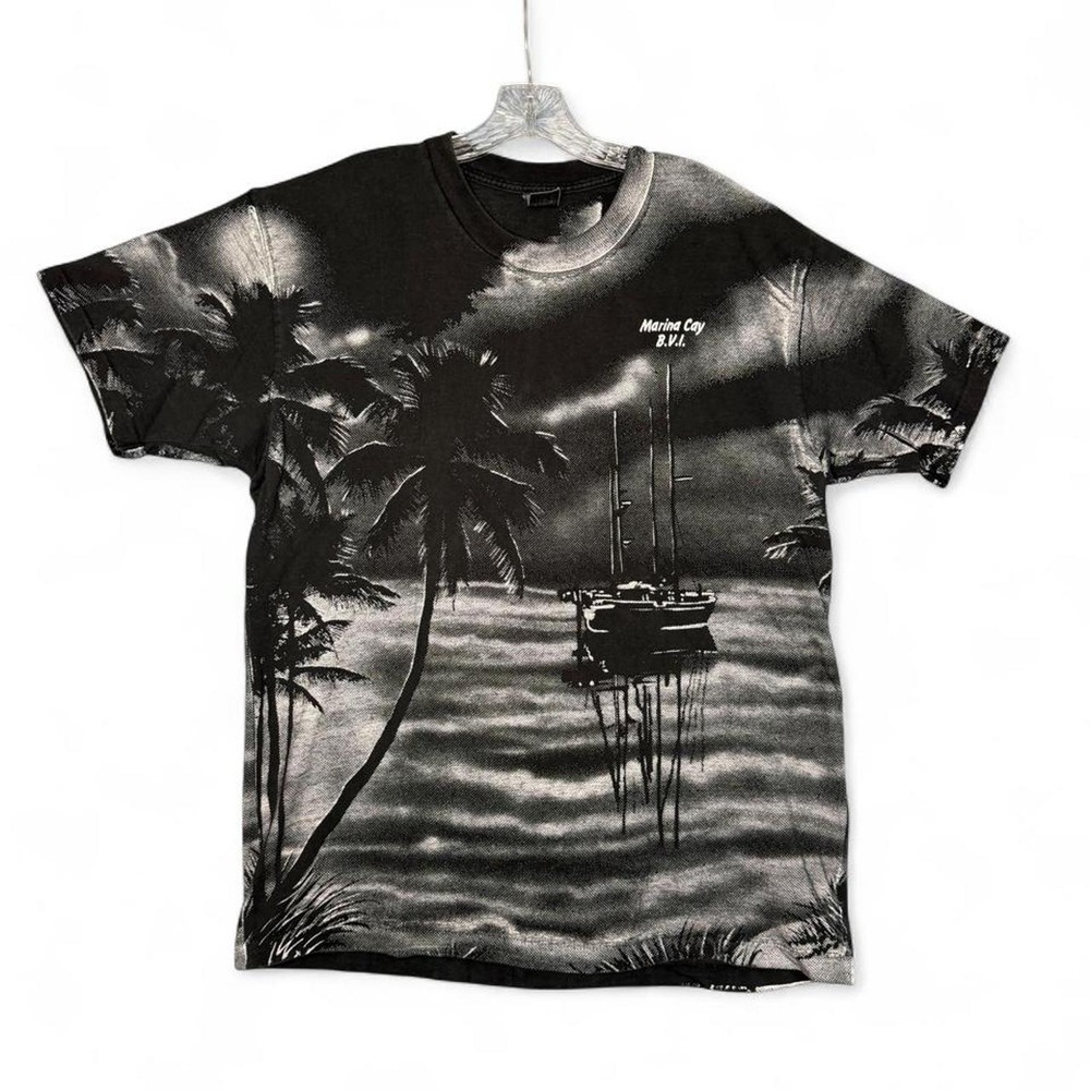 Vintage 90s All Over Print Shirt XL Marina Cay BVI Boat Palms Screen Stars